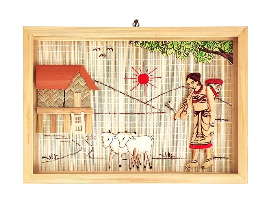 Healthy harvest Painting Of Hut With Tribal Lady Village Life Bamboo Design Handicrafted Interior Wall Hangings for Living room and guest room home decor Items and Wall Decor (Frame) 8 * 11 inch